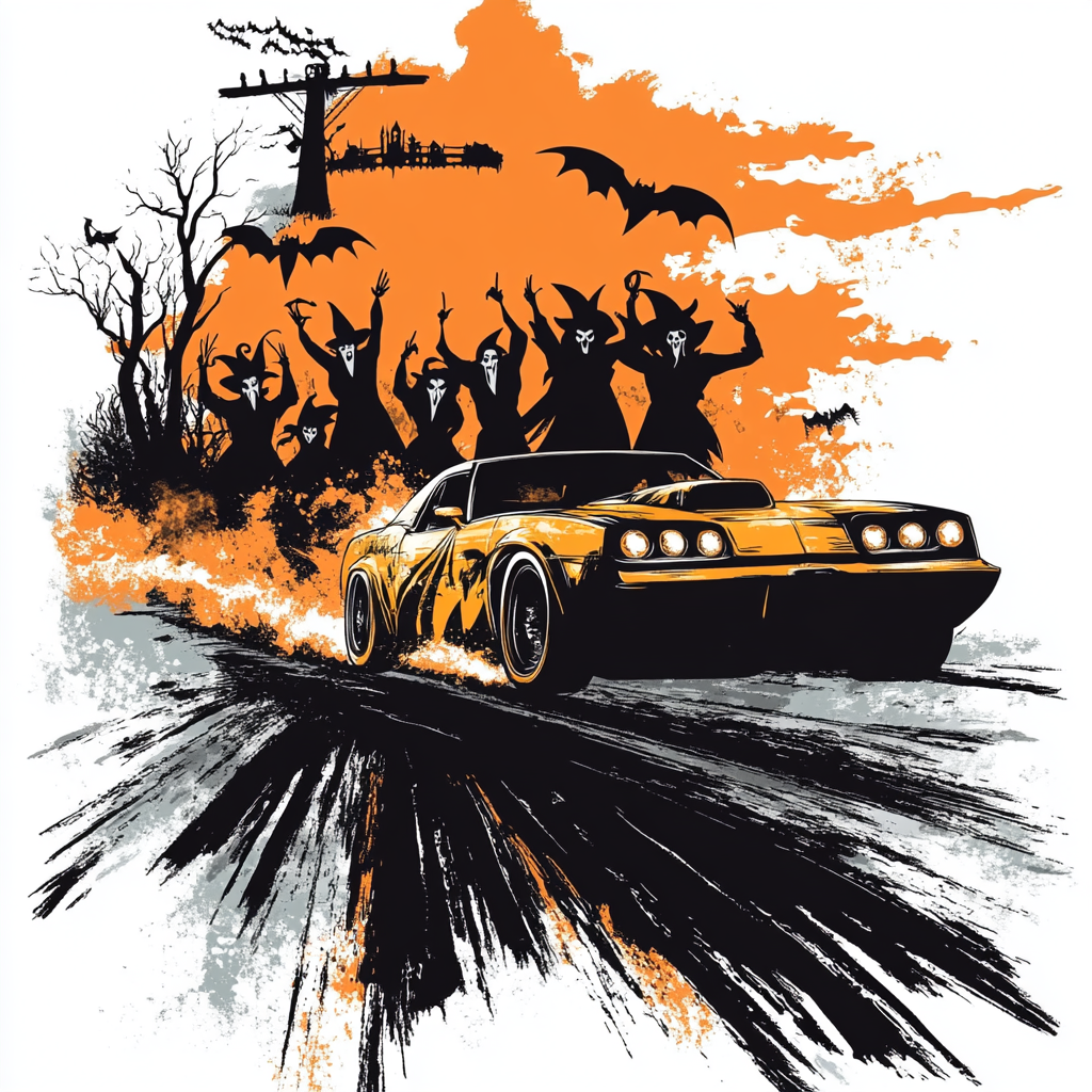 Witches cheering for car burnout with Halloween theme.