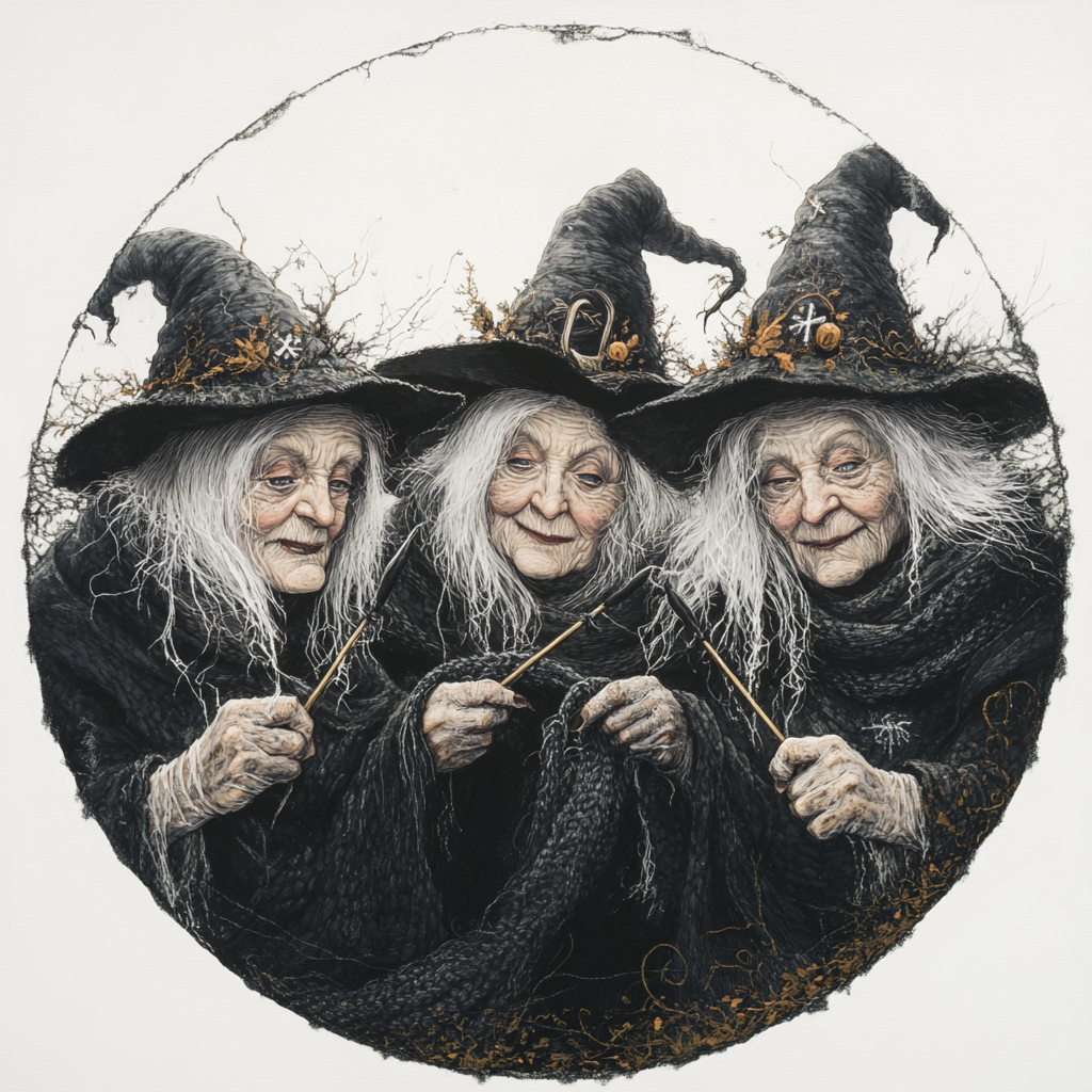 Witches knitting black scarf in circular frame