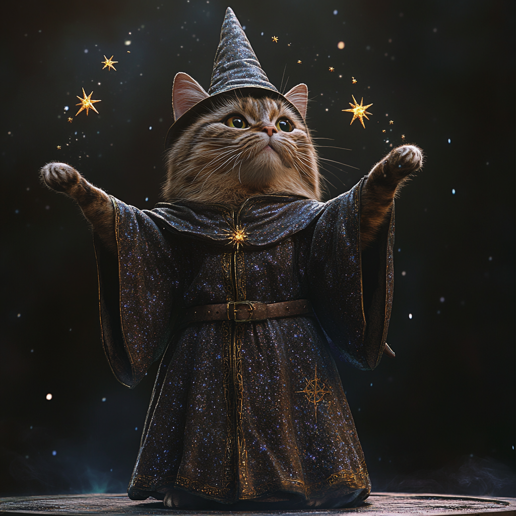 Wizard cat in starry robe floats whimsically.