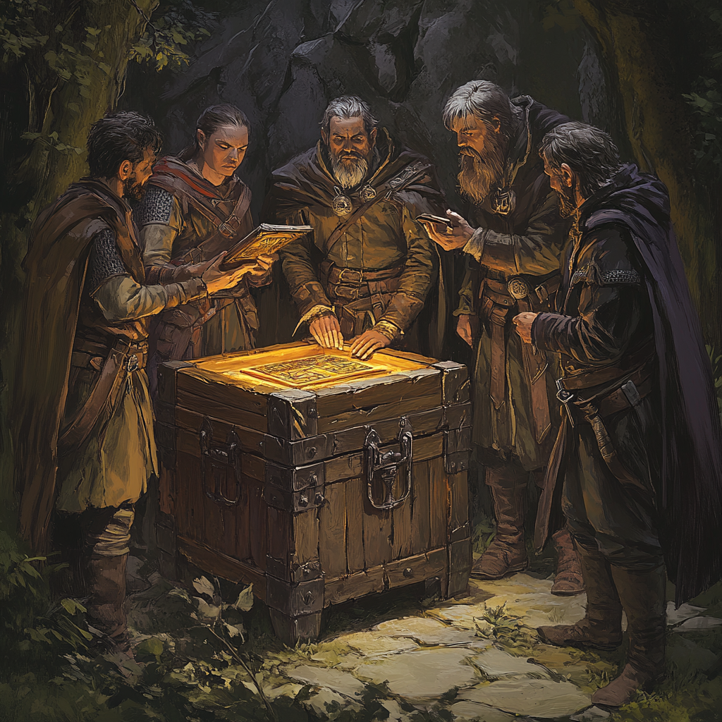 Wizard examining tablet with torch, adventurers around broken chest.