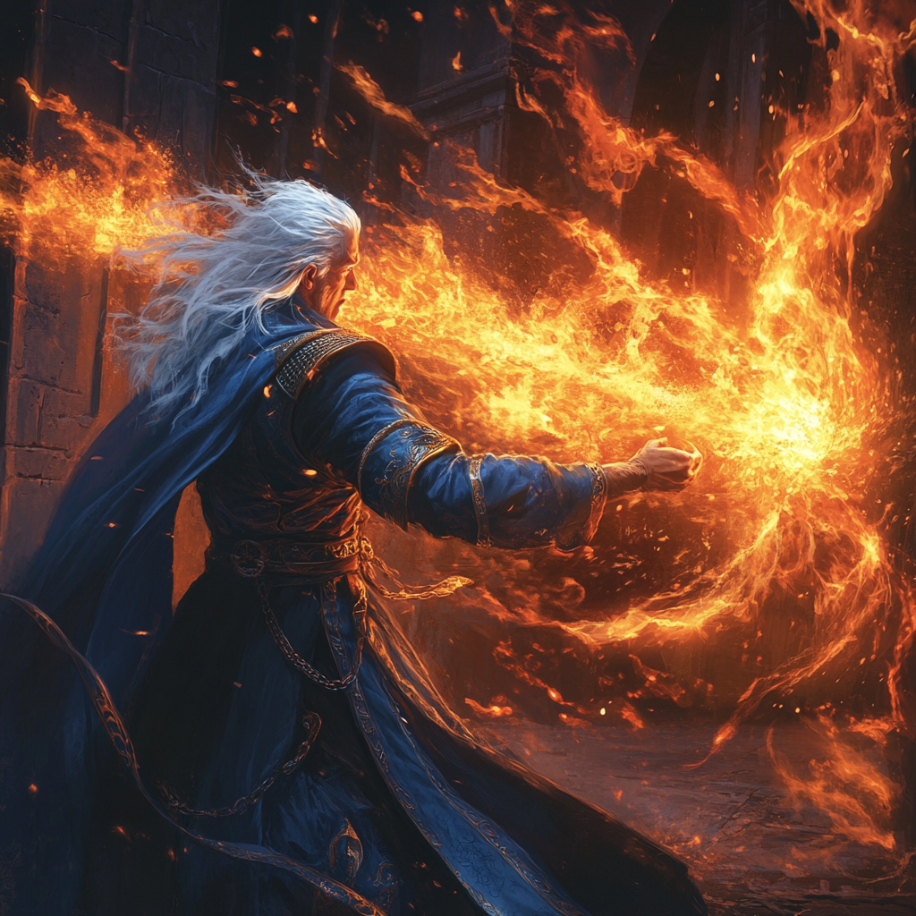 Wizard in blue robes casting fire magic on humanoid.