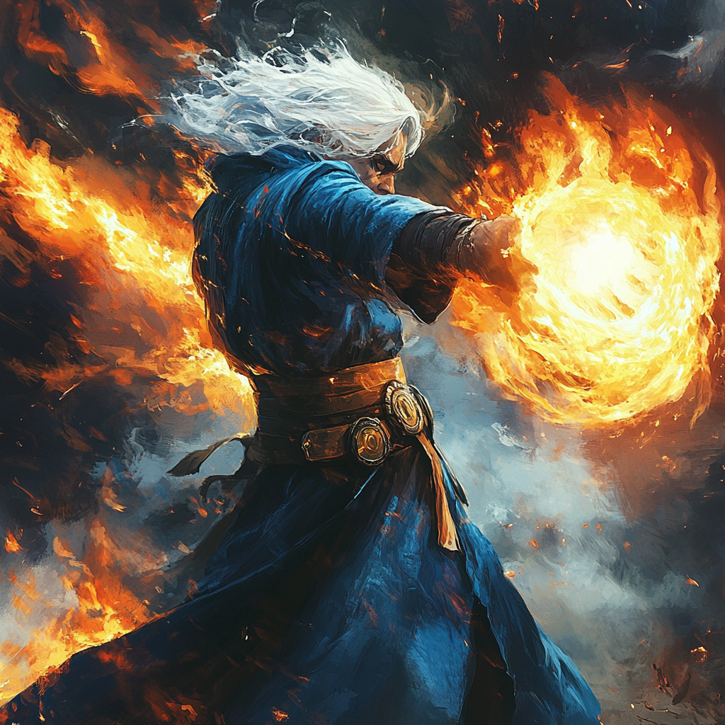 Wizard in blue robes with white hair casting fire.