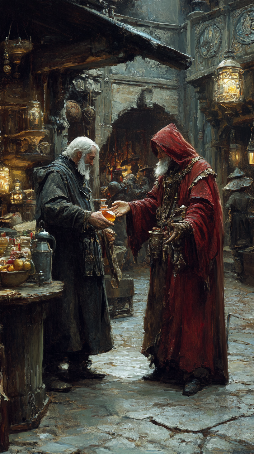 Wizard offering potion to debt collector in marketplace.