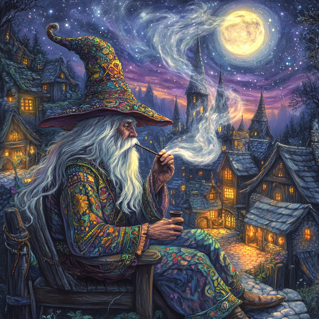 Wizard smoking pipe in medieval village at night.