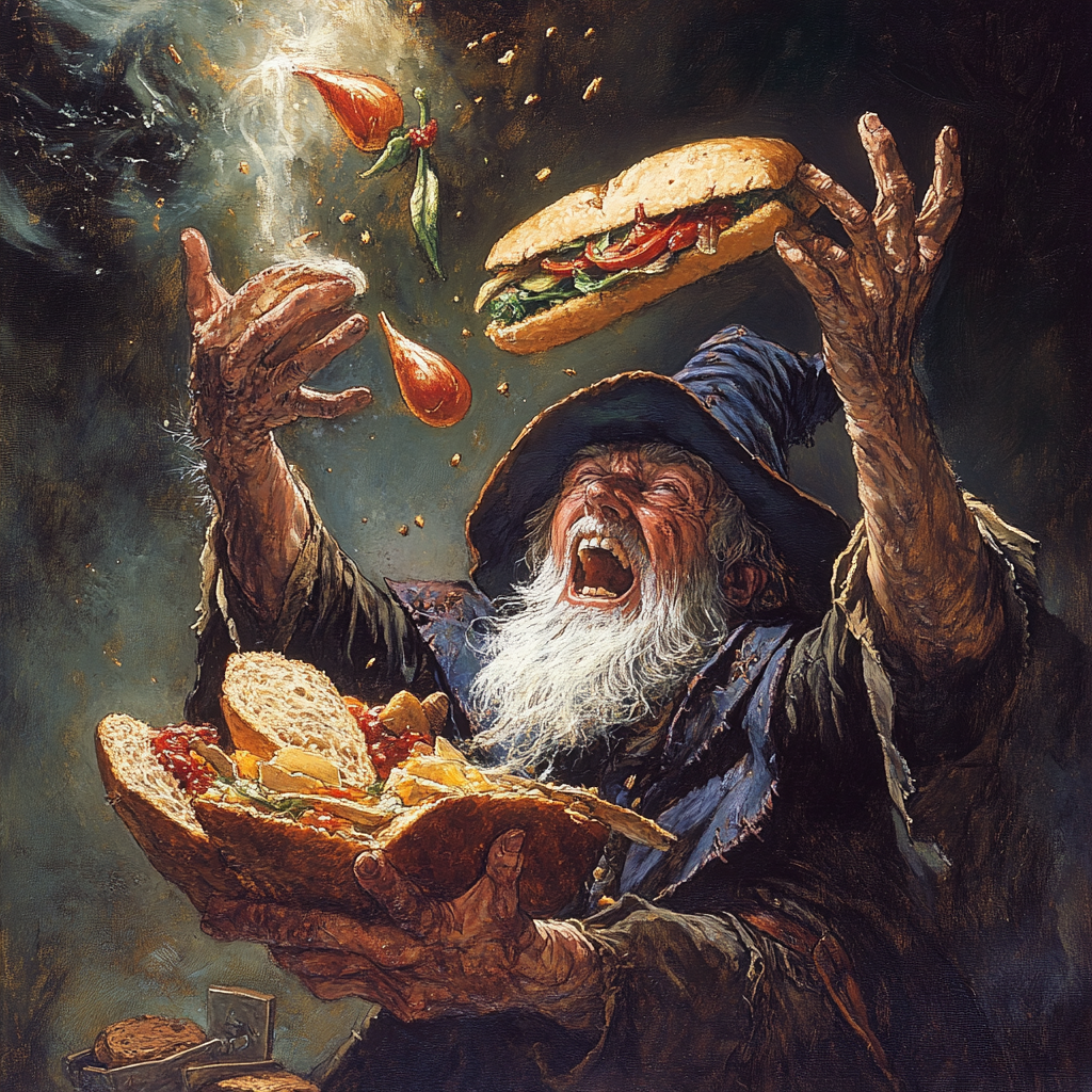 Wizard uses magic to make sandwich in fantasy world