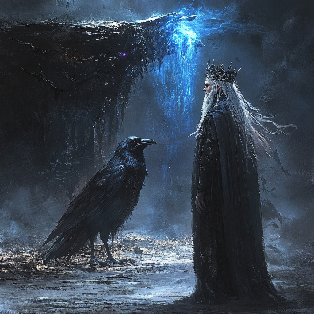 Wizard with elf queen, raven, blue portal, gothic style.