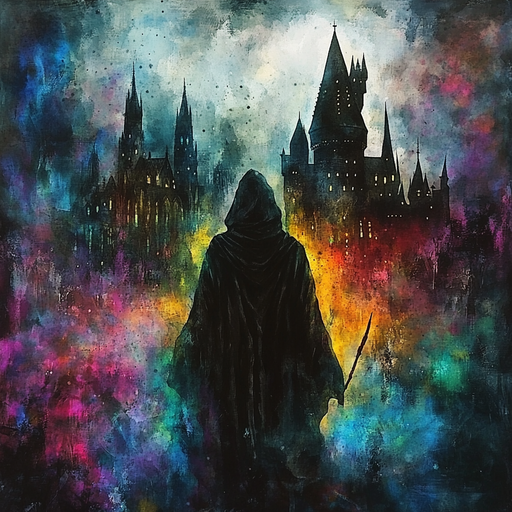 Wizard with wand looks at Hogwarts, colorful but dark.