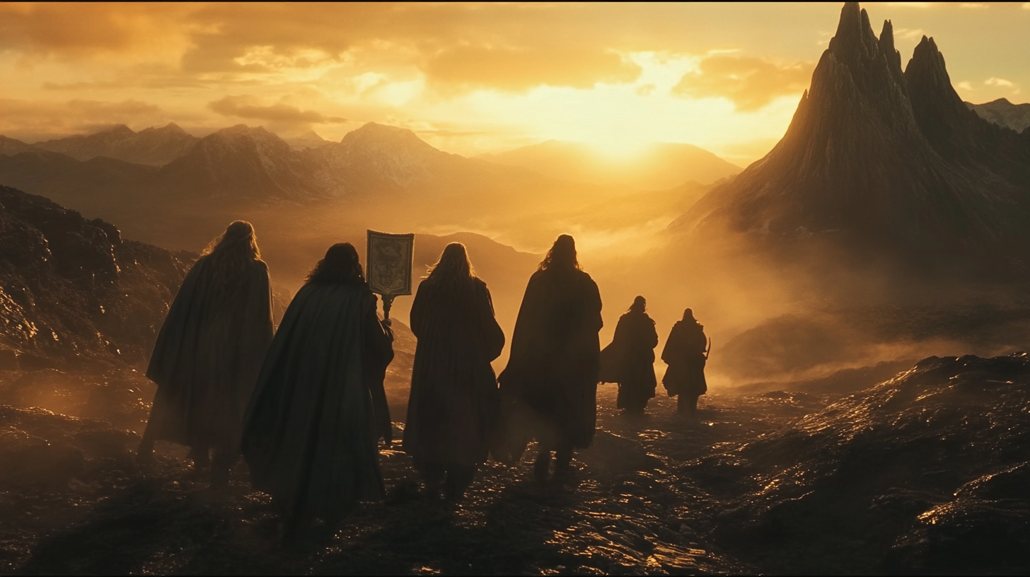 Wizards walking with map in retro fantasy movie.