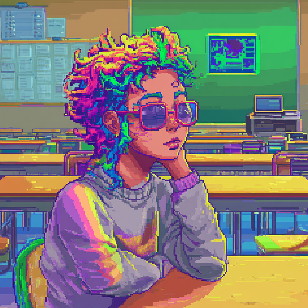 Woke Teacher with Rainbow Hair in NES Pixelated Classroom