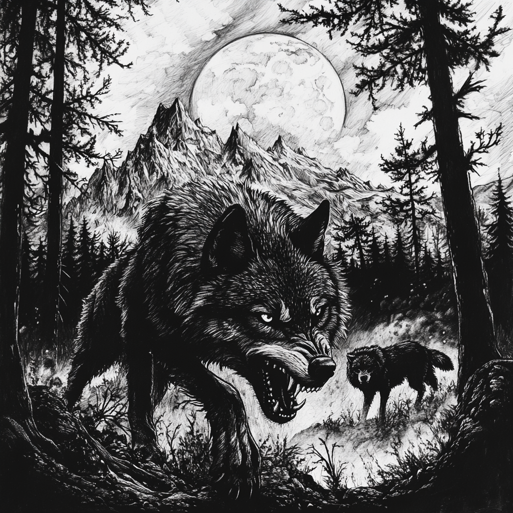 Wolf stalking in forest, moonlit mountain background illustration