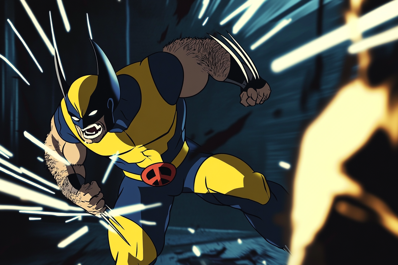 Wolverine counter-kicking Deadpool with intense energy and sparks.