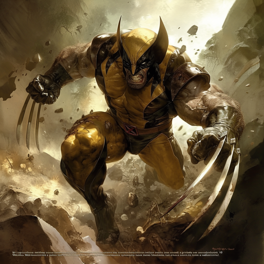 Wolverine em traje amarelo e preto, pronto para batalha.