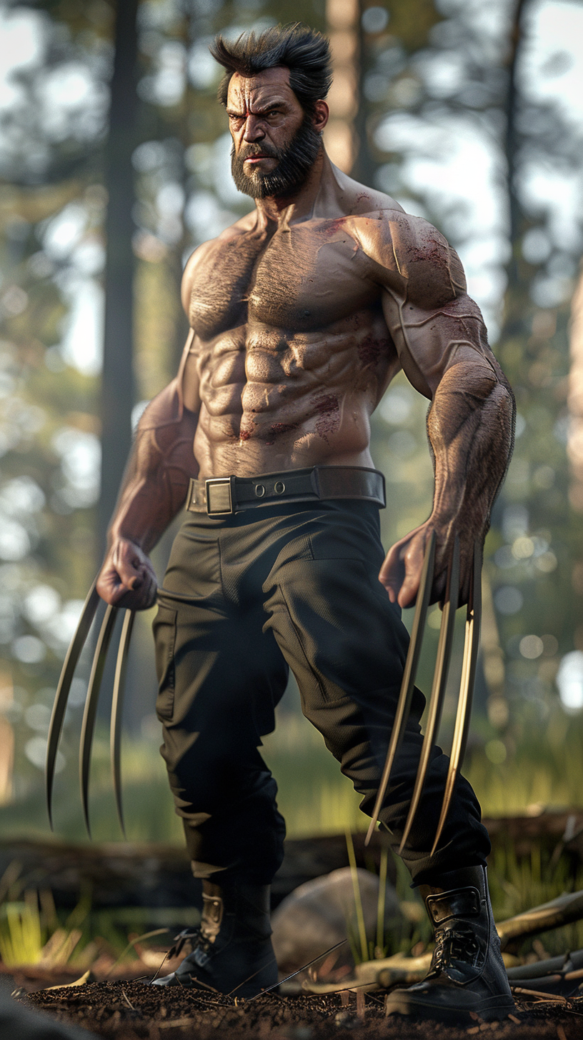 Wolverine in forest, claws out, intense eyes, powerful stance