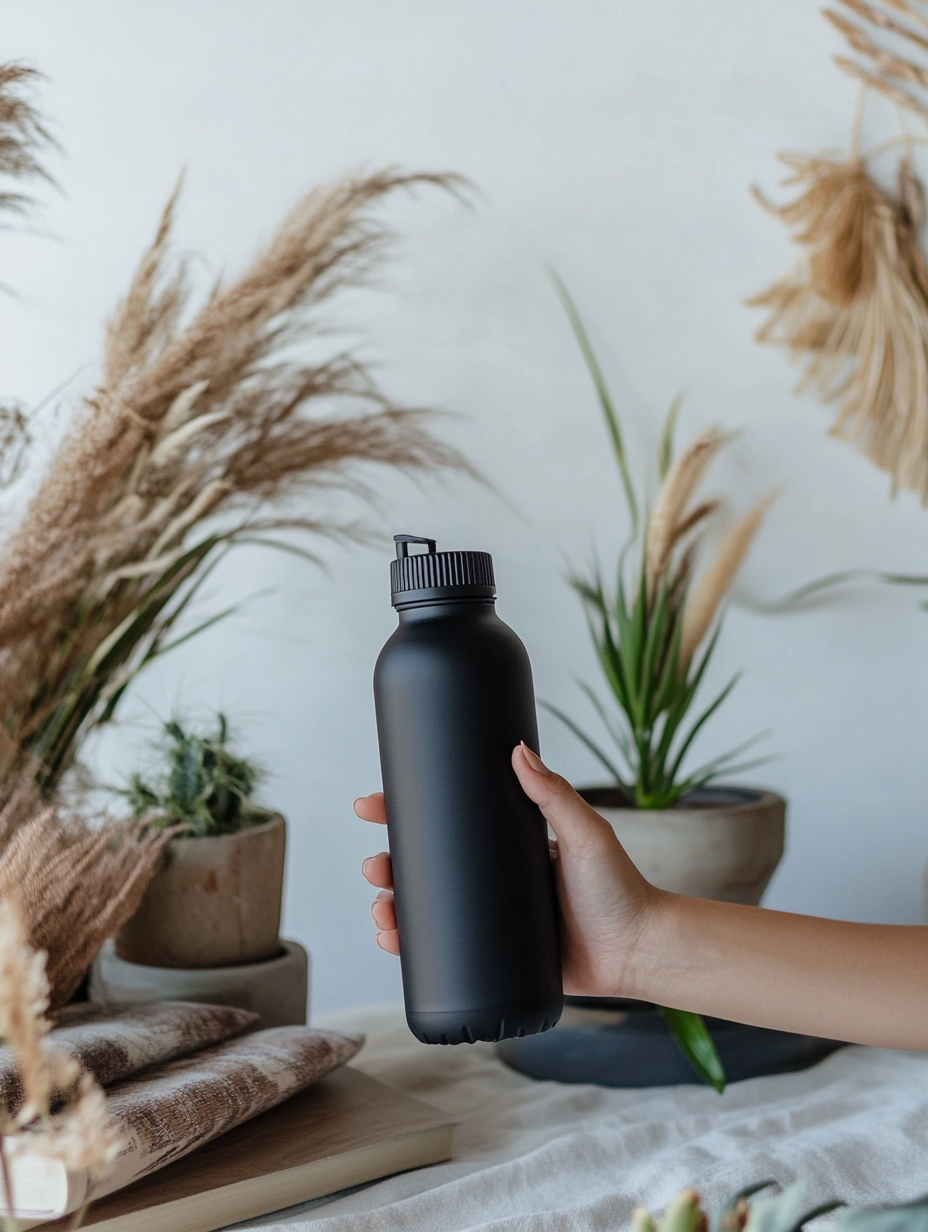 Woman's arm and hand holding black water bottle.