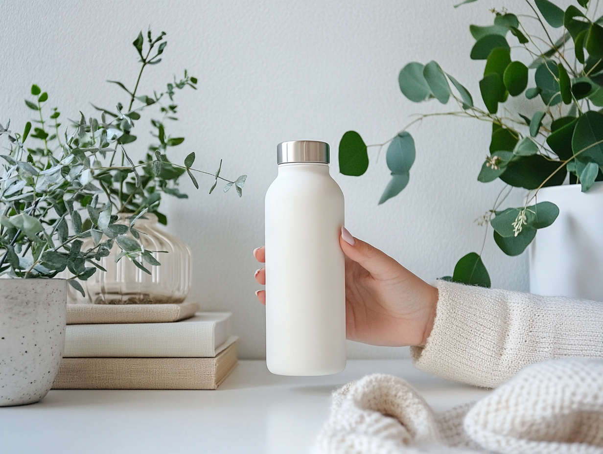 Woman's arm and hand holding white reusable water bottle.