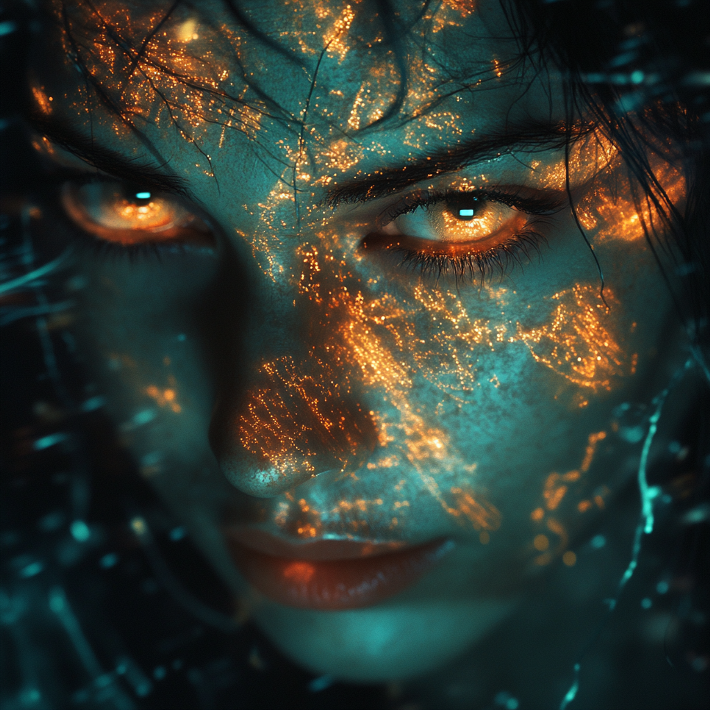 Woman's face with lights in turquoise and orange tones.