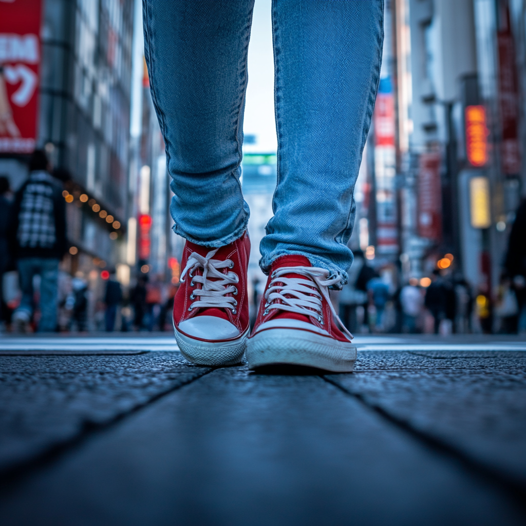 Woman's feet in red sneakers walking in Ginza.