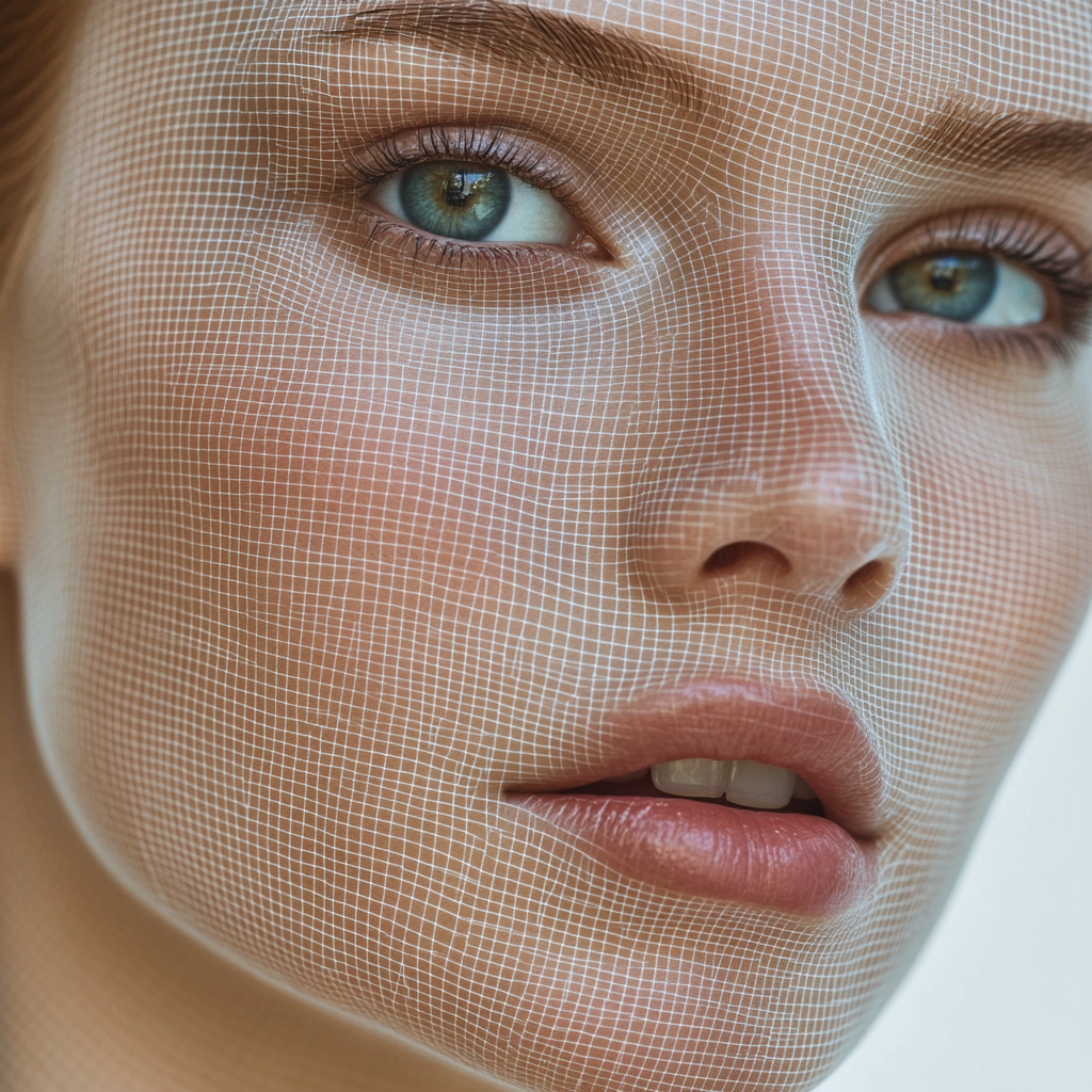 Woman's flawless face with grid overlay, modern aesthetic.