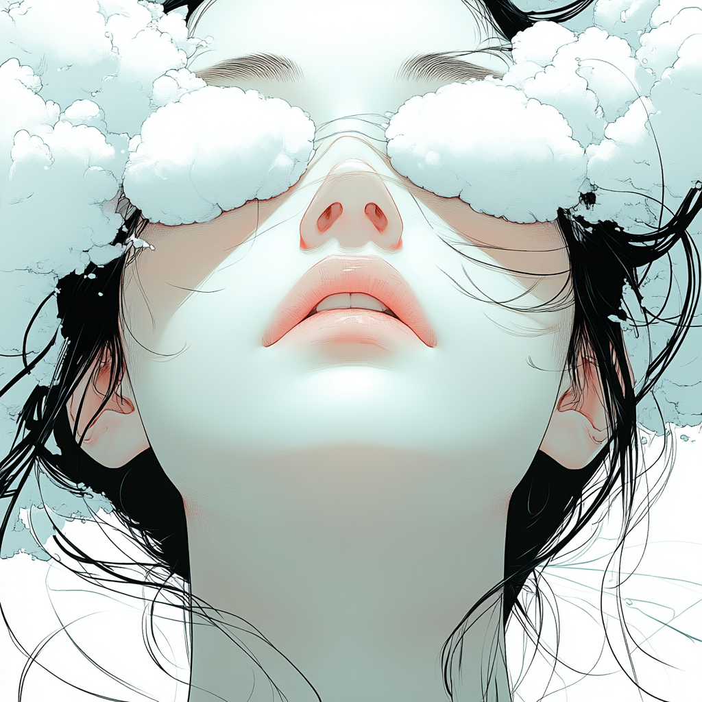 Woman's head covered in clouds, white cotton pads