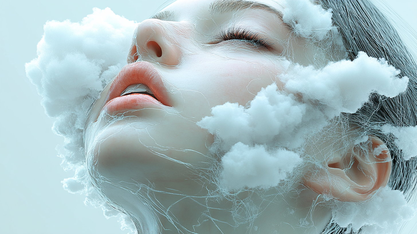 Woman's head cut in half, obscured by clouds.