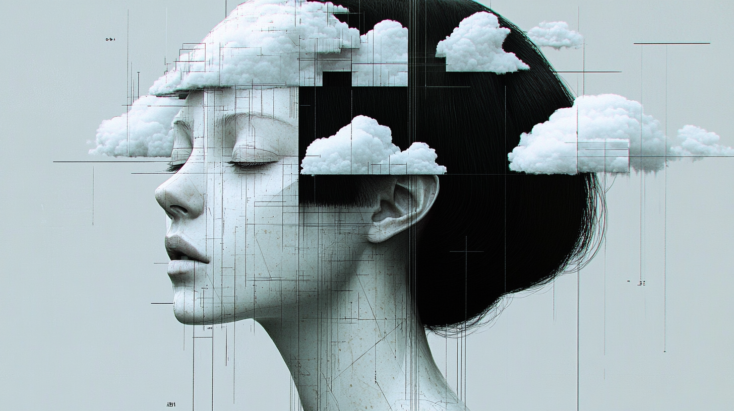 Woman's head cut in half with clouds, lines.