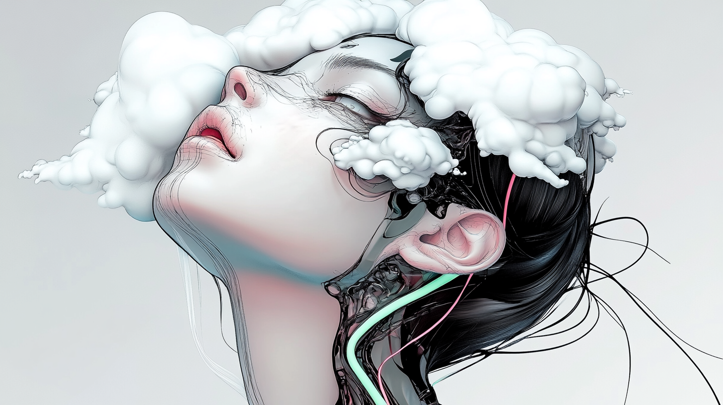 Woman's head cut in half with floating clouds.illusionistic.