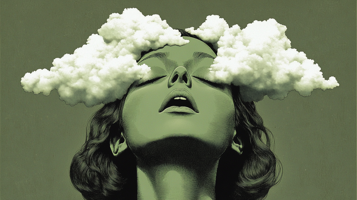 Woman's head split in half with white clouds.