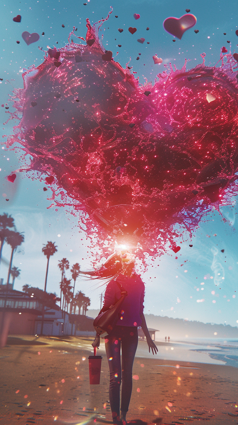 Woman's heart explodes in love-themed mystical explosion, urban background.