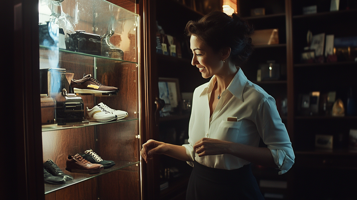 Woman Admiring Old Shoe in Home Office