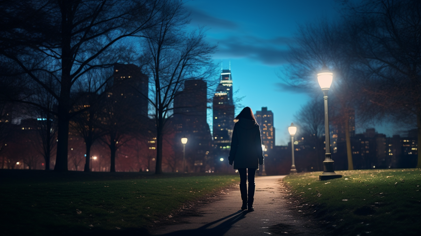 Woman Alone Among Glowing City Lights