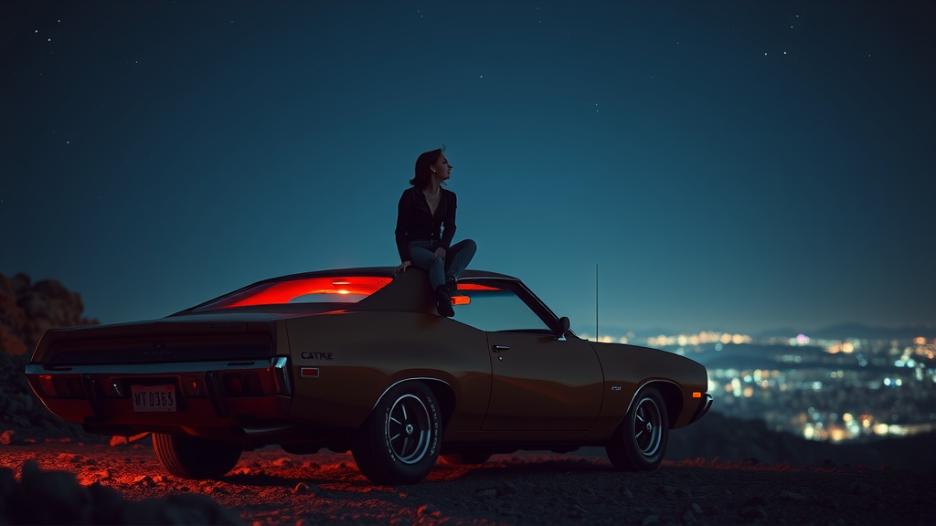 Woman Dreamily Overlooking City on Neon-Lit Car