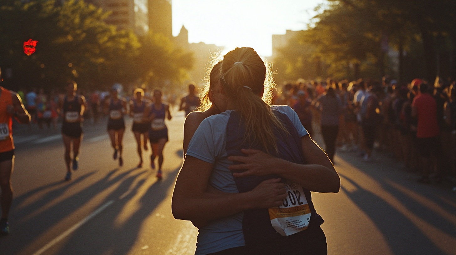 Woman Embraced by Husband After Marathon Race