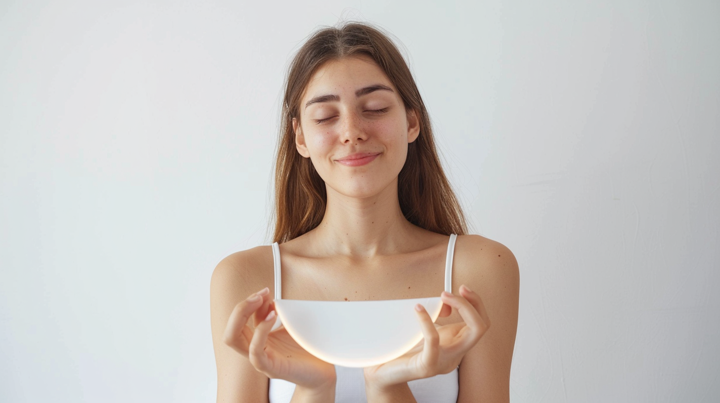 Woman Holding 23cm Halfcircle Device, Epic Mood, White Background 