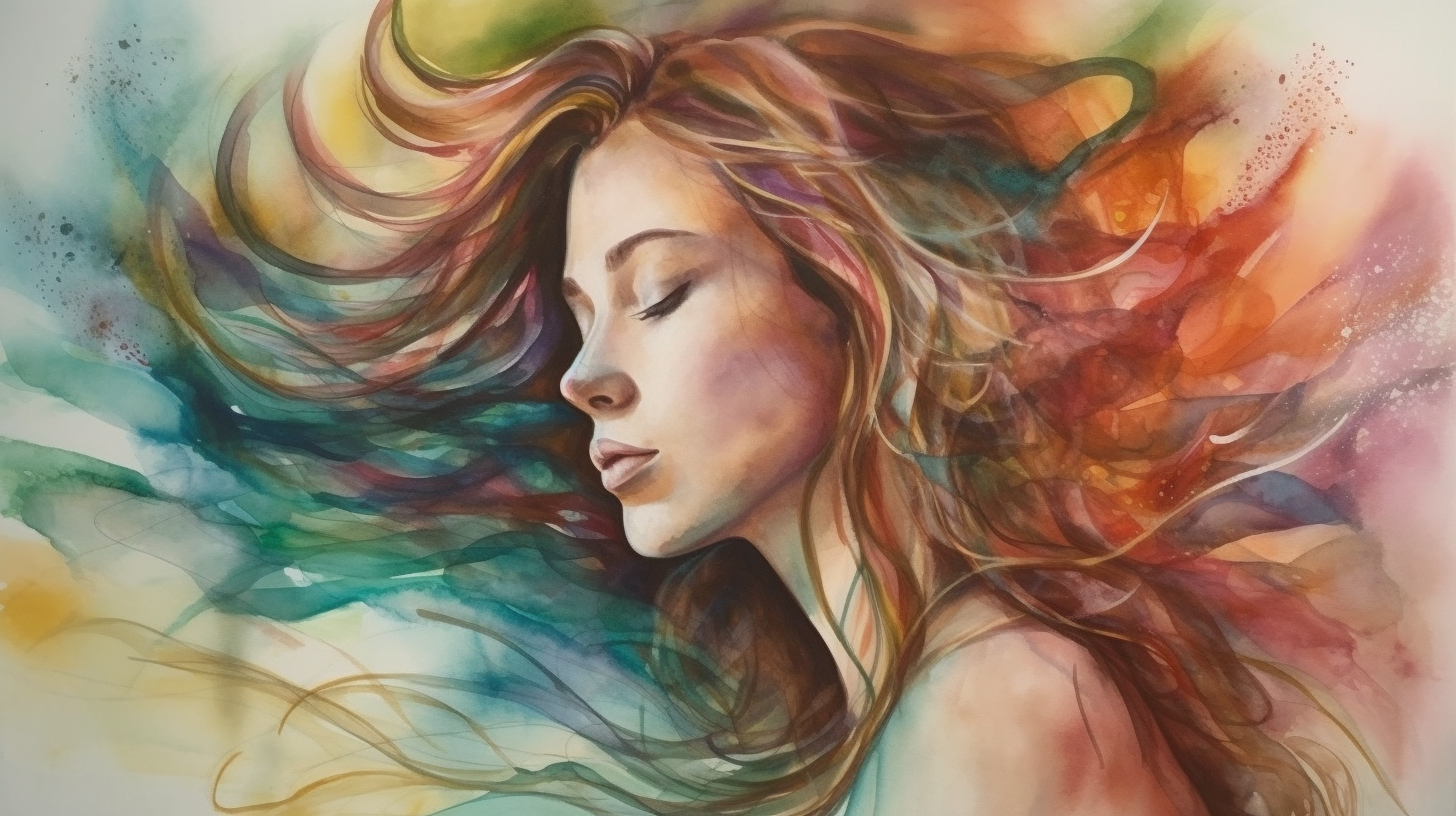 Woman Meditating with Vibrant Watercolor Energy Art