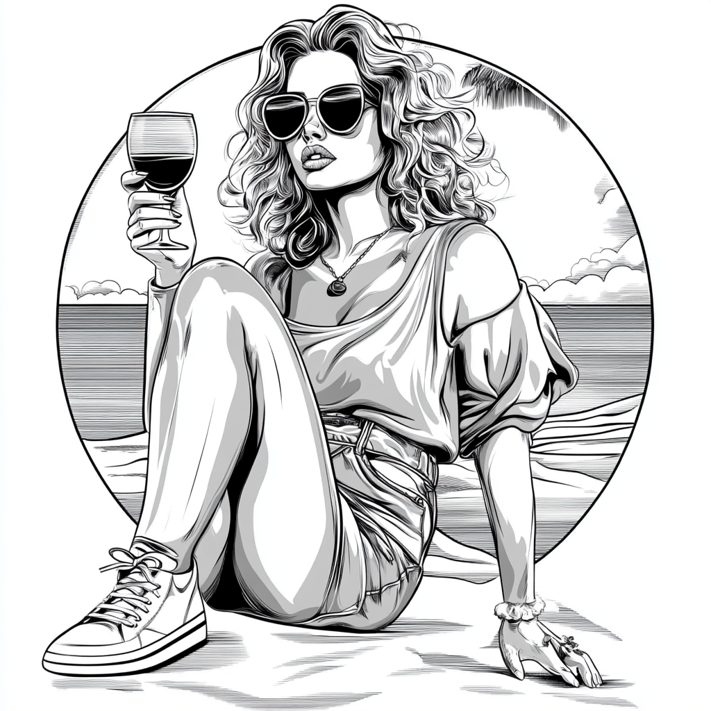 Woman Posing by Pool with Wine, Vector Outline