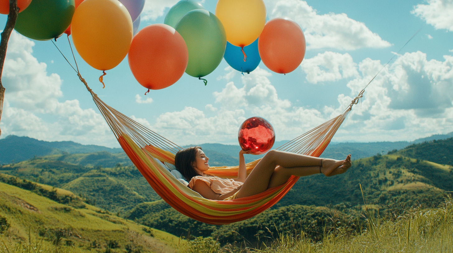 Woman Relaxing in Hammock with Balloons and Glass Ball in Mid Air Outdoors - 16:9 Ratio