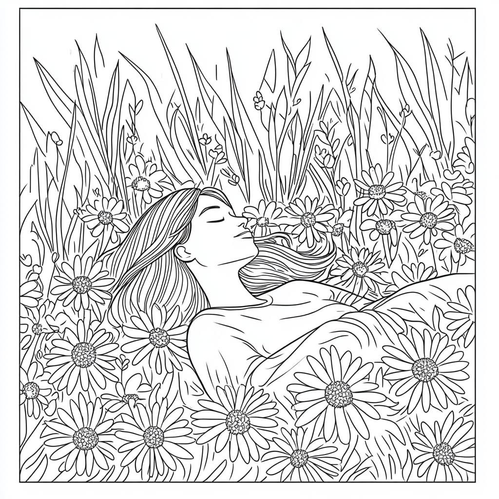 Woman Rests in Daisy Field Coloring Page