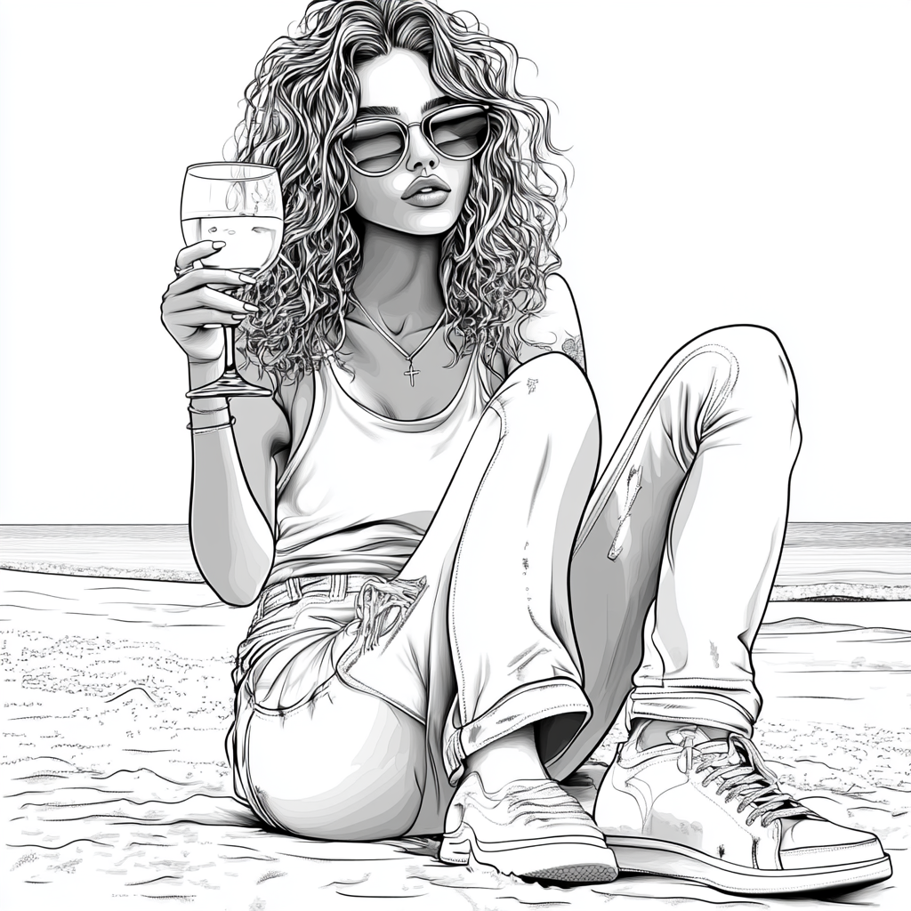 Woman Sipping Wine on Beach, Black & White Sketch