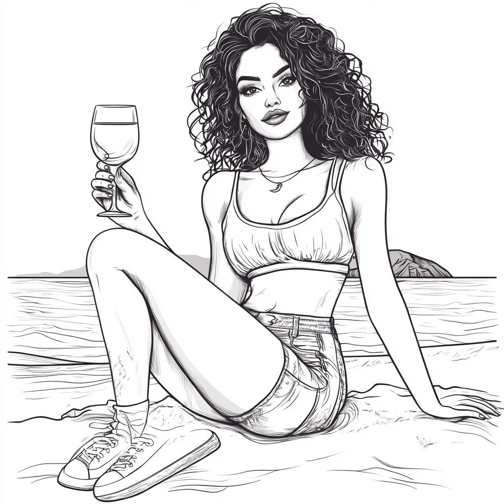 Woman Sipping Wine on Beach, Black and White Outline