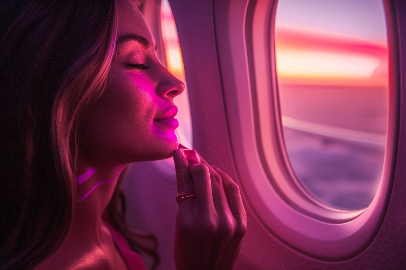 Woman Smelling Perfume in Airplane During Sunset