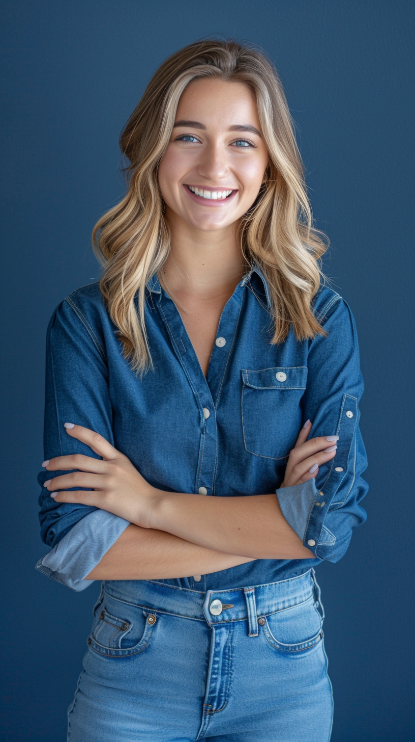 Woman Smiling with Arms Folded in Blue Background