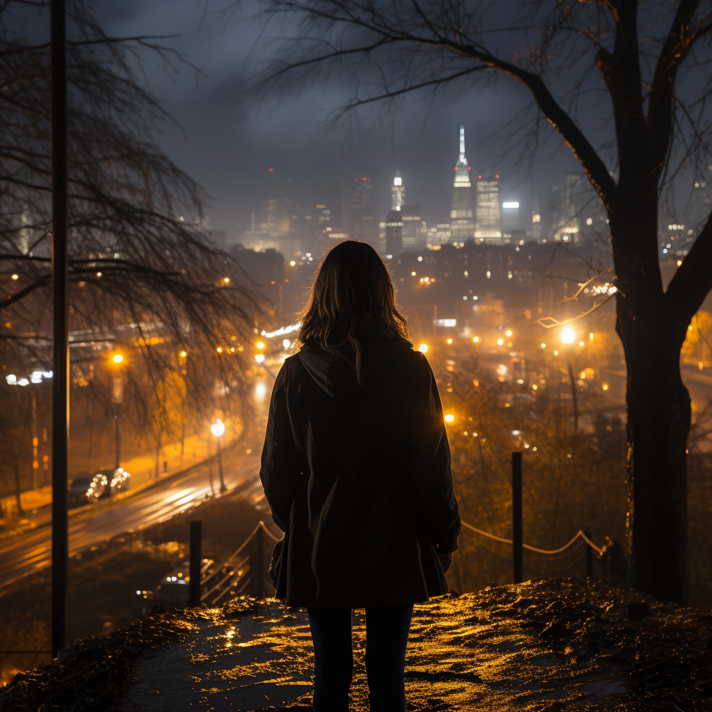 Woman Walking Alone in Night City Park