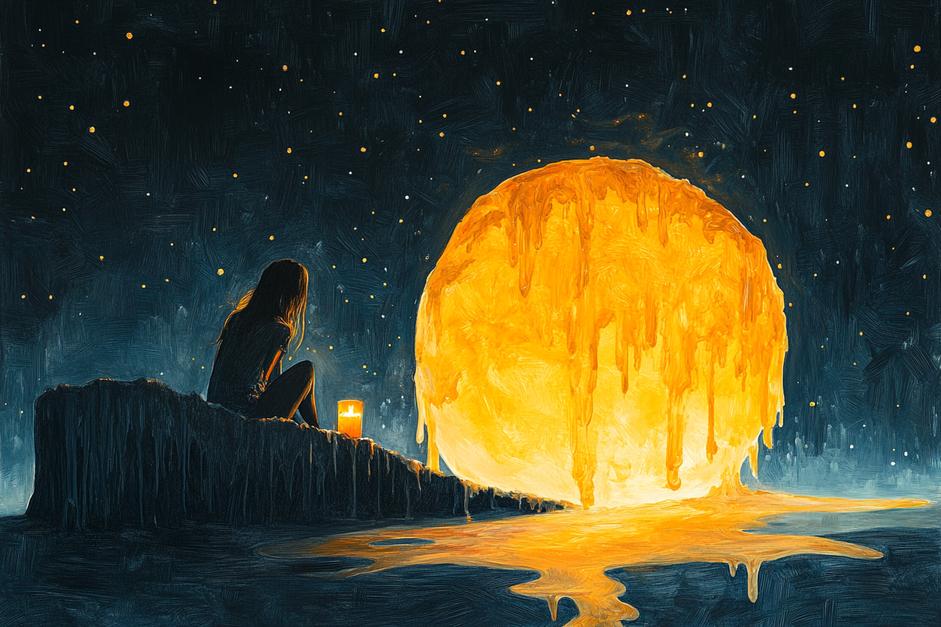 Woman admiring stars next to big candle at night.