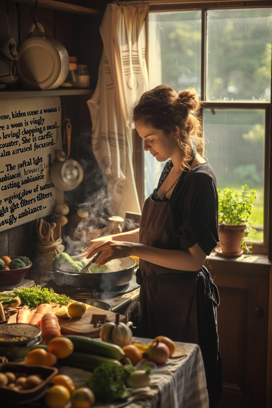 Woman chopping vegetables in cozy, warm kitchen ambiance.