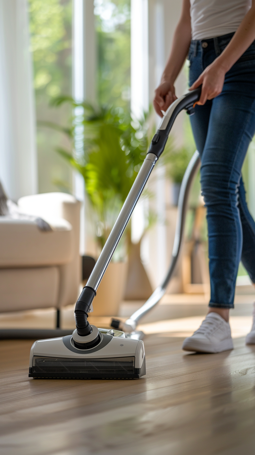 Woman cleaning with Bosch vacuum in modern living room.