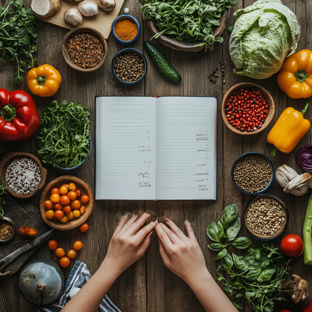 Woman cooking vegetables, closed recipe book on plum table.