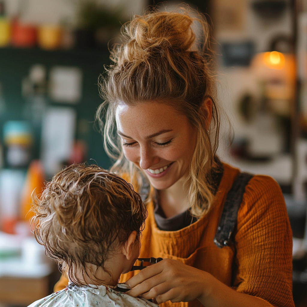 Woman cutting child's hair in colorful kid's salon.