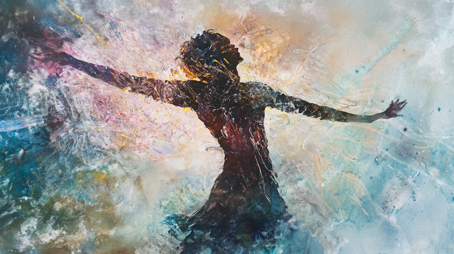 Woman dancing in cosmic nebulae: ephemeral elegance.