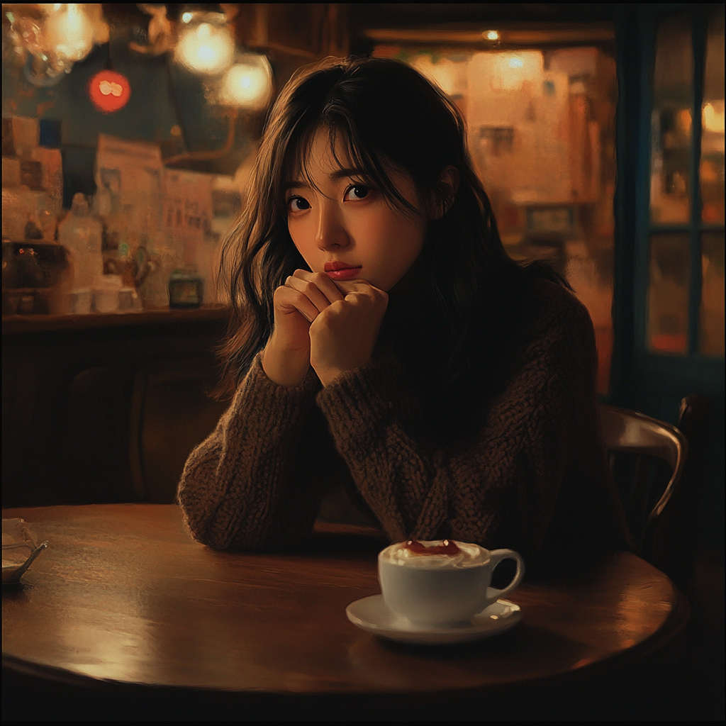 Woman debating eating dessert in cozy cafe with warm lighting.