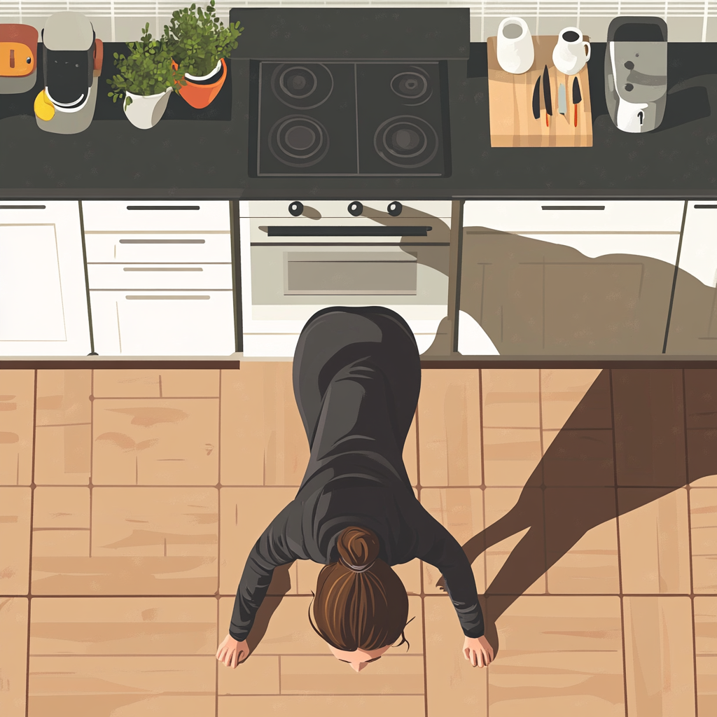 Woman doing push-ups in colorful kitchen.